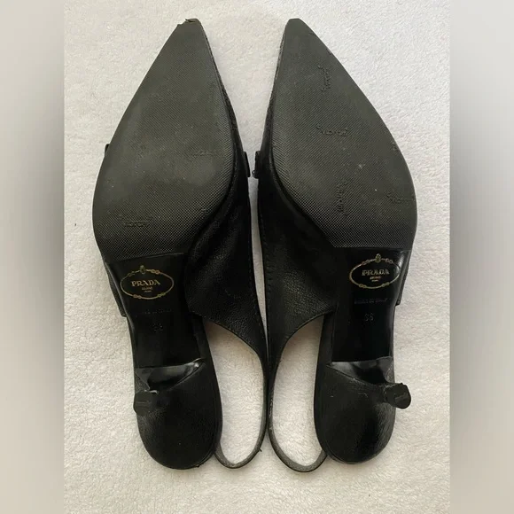 Prada Black Pointed Toe Slingback Heels with Buckle Accent - Picture 8 of 12